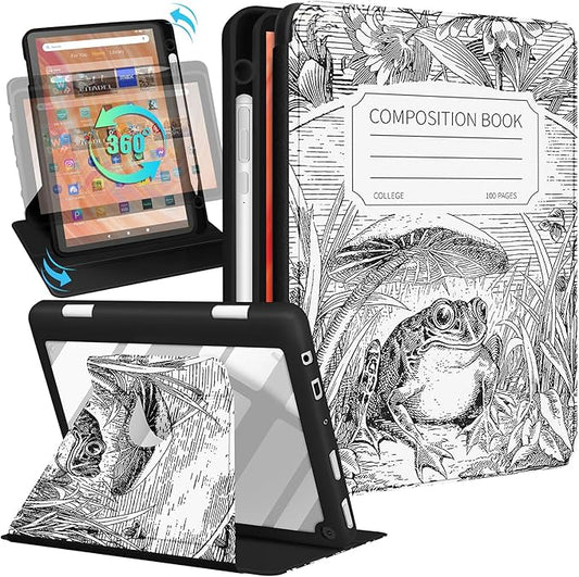 Kidcube for Kindle Fire HD 10/10 Plus Tablet Case - 13th/11th Generation (2023/2021) 10.1 Women Girls Cute Frog Design Teens Rotating Stand Pencil Holder Folio Cases for Amazon Fire HD 10/10 Plus