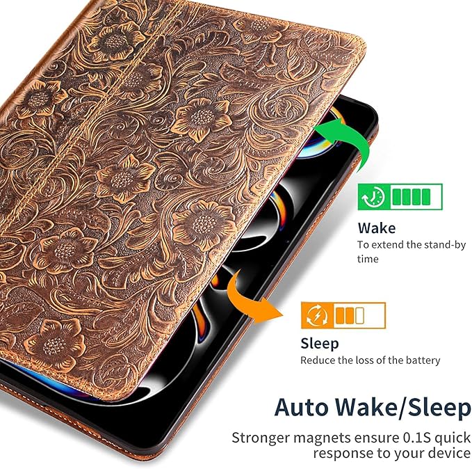 Gexmil Genuine Leather Case for iPad Pro 11 Inch (M5/M4) 2025/2024 with Adjustable StandProtective Shockproof Premium Leather Smart Folio Cover Auto Sleep/Wake Anti-Slip Flower Brown