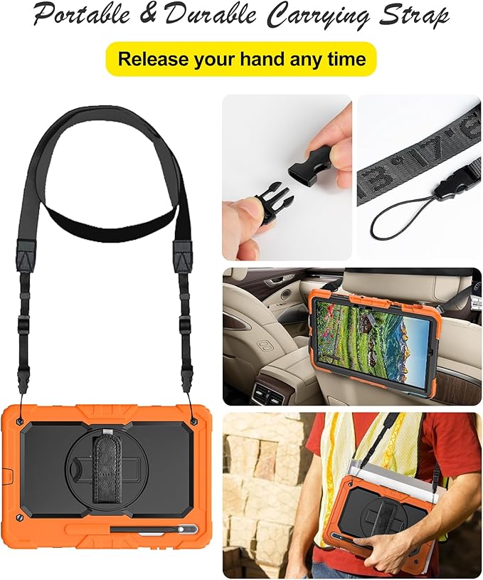 Case for Samsung Galaxy Tab S8 Plus 2022/S7 FE/S7 Plus 5G 12.4-inch Tablet Case Protective [with Screen Protector] Rotatable Kickstand S Pen Holder Hand/Shoulder Strap (Orange)