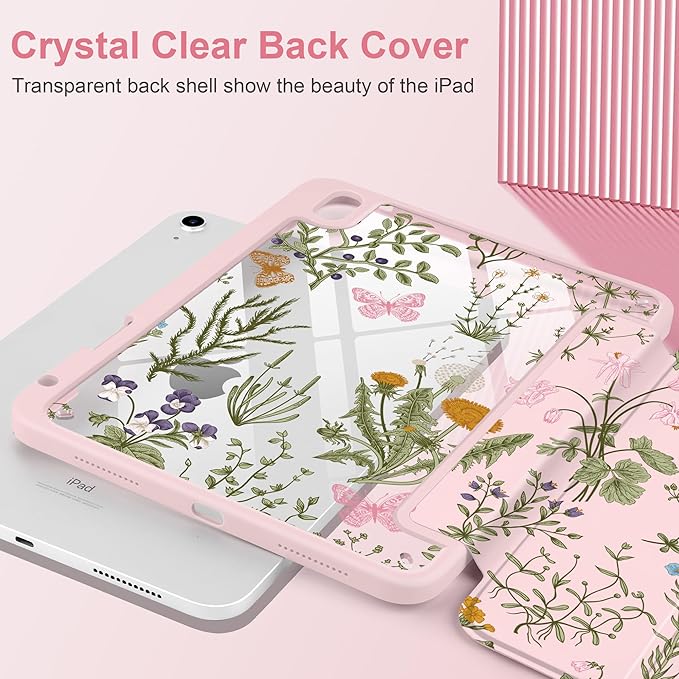 DONGKE Case for iPad (A16) 11th Generation 11 inch 2025 &amp iPad 10th Gen 10.9 inch 2022 [Built-in Pencil Holder] Clear Acrylic Back Trifold Stand Smart Cover Auto Sleep/Wake Wildflower &amp But
