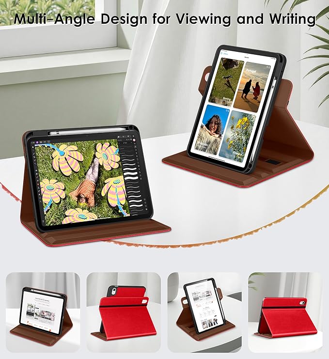 DTTO for iPad A16 Case iPad 11th / 10th Generation Case (2025/2022) 360 Degree Rotating Premium Leather Folio Stand Cover with Pencil Holder Bright Red