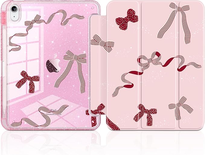 MEEgoodo Case for iPad A16 11th Generation 2025/10th Generation 2022 Glitter Tablet Cases with Transparent Acrylic Back+Trifold Stand +Pencil Holder+Auto Wake/SleepSimple Striped &amp Dots Bow