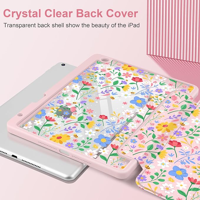 MEEgoodo Case for iPad 10.2 inchTablet Cases for iPad 9th Generation 2021/8th Gen 2020/7th Gen 2019 with Clear Acrylic Back Shell+Pencil Holder+Auto Wake/Sleep+Trifold StandFlat Spring Floral