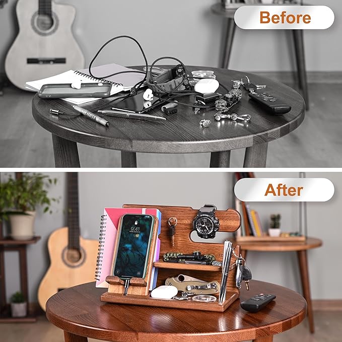 TESLYAR Wood Phone Docking Station for Men - Desk or Nightstand Organizer - Birthday Gifts for Husband or Dad - Anniversary Idea from Wife - Key Holder Stand Wallet Watch &amp Essentials (Earth Bei