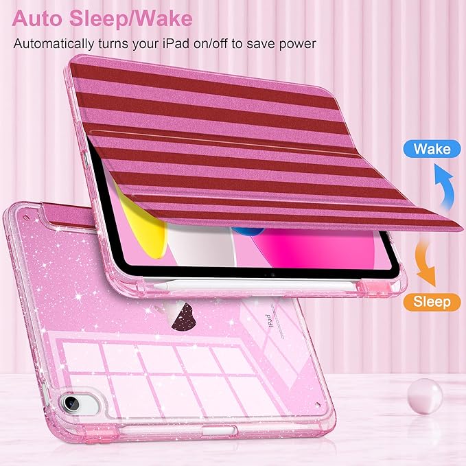 TWOLSKOO Sparkly Case for iPad Pro 11 inch (M5 2025 / M4 2024) Glitter Hard Acrylic Back with Pencil Holder Slim Trifold Stand Folio Cover Auto Sleep/Wake Red Stripes