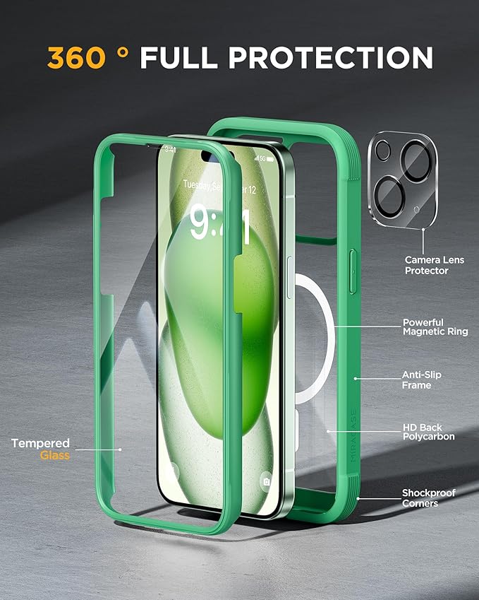 Miracase Magnetic for iPhone 15 Plus Case 6.7'' [Compatible with Magsafe] Full-Body Military Drop Proof 15 Plus Phone Case Cover with Built-in 9H Tempered Glass Screen ProtectorMagnetic Green | Magne