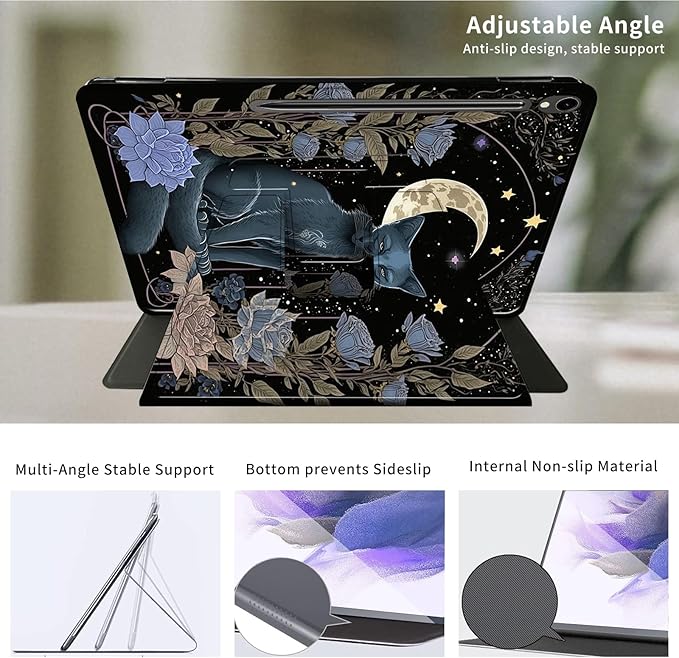 Case for Samsung Galaxy Tab S10 FE 2025/S9 FE 10.9-inch/S9 11 5G-360 Degree Rotating Multi-Angle Viewing Protective Cover with S-Pen Holde+ Auto Sleep/Wake-Witchy Cat Moon