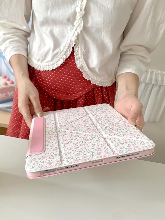 Detachable Magnetic 360 Rotating Adjustable Kickstand Hard PU Folio Case for Apple White Pink Rose Flower Floral Pretty Chic Cute Lovely Girls (for iPad Pro 12.9-inch 4th Generation 2020)