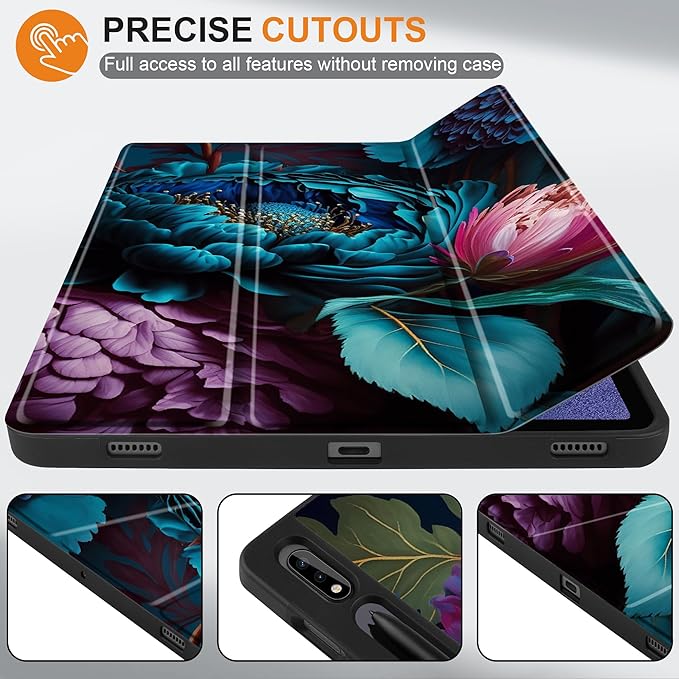 MEEgoodo Case for Samsung Galaxy Tab S9/S9 FE 11 inch Cover 2023 with Pen Holder Protective Tablet Cover with Folding Stand + Soft TPU Back Shell + Smart Auto Wake/Sleep Beautiful Fantasy Flower