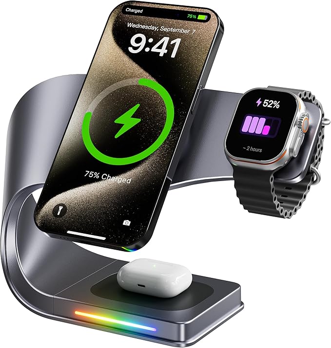 Qi2 Wireless Charger 3 in 1 Fast Charging Station for iPhone 15/14/13/12 Apple Watch AirPods 15W Magnetic Foldable Charging Dock Portable Wireless Charger Stand for Home Office Travel