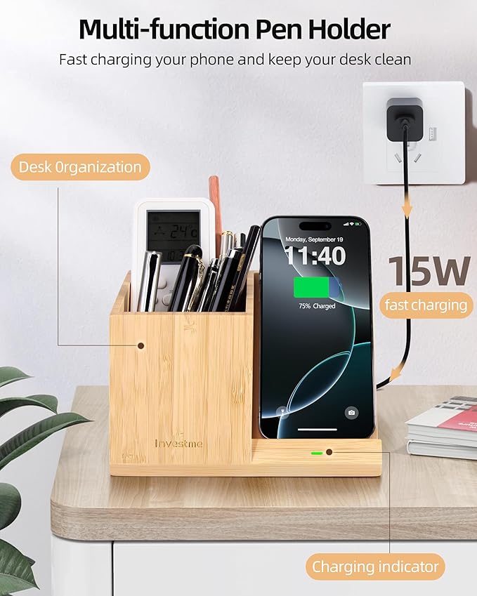 3-in-1 Bamboo Wireless Charger with Desk Organizer Bamboo Pen Holder for Desk 15W Fast Wireless Charger with Pen Holder for Home Office Supplies Compatible with iPhone and Samsung