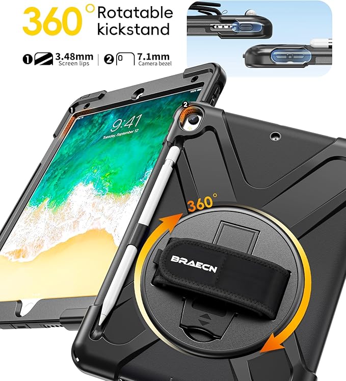 BRAECN Case for iPad Air 3rd Generation 2019 / iPad Pro 10.5 inch 2017 Rugged Heavy Duty Shockproof Cover with Pencil Holder 360° Rotating Kickstand &amp Adjustable Hand Strap &amp Shoulder Strap