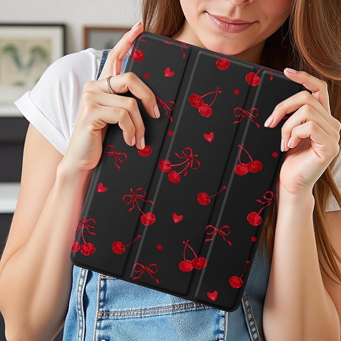Idocolors Cute Red Bow Cherry Case for 10.9 iPad 2022/2025(10th/11th Gen) Tri-Fold Tablet Case with Auto Wake/Sleep &amp Pencil Holder - Vibrant Protective Cover for Women Girls and Teens (Black)
