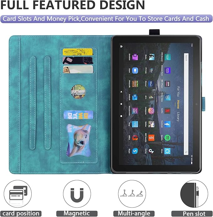 Dteck Case for All-New Amazon Kindle Fire HD 10 &amp 10 Plus Tablet (13th/11th Generation 2023/2021 Release) 10.1 Premium PU Leather Embossed Flower Folio Stand Case Cover with Pencil Holder Gree