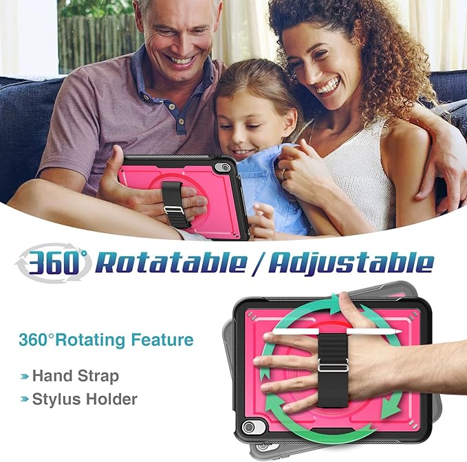 SEYMAC stock Case for iPad A16 11-inch Case 2025/ for iPad 11th/ 10th Generation 10.9'' 2022 Protective with Screen Protector Pen Holder Rotate Stand Loop Nylon Hand Strap Shoulder Strap Rose