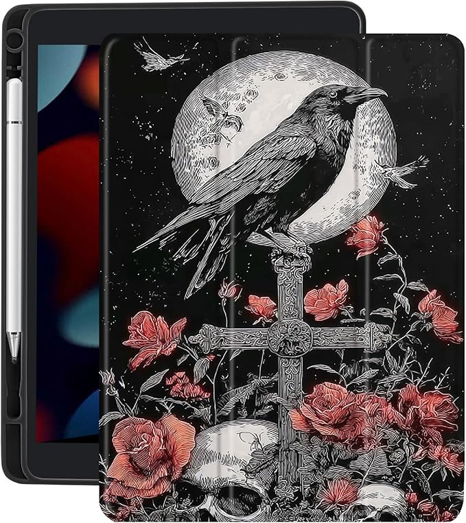 Red Rose Skull Case for Ipad Pro 11 Inch 2024 Vintage Gothic Flower Cover Funny Print Shell Auto Sleep/Wake Anti-Slip Shockproof Cover with Clear Back Shell &amp Pencil Holder(Girls Women)