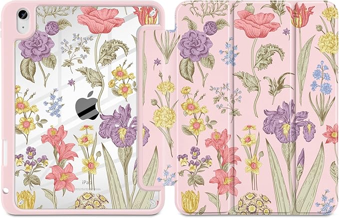 DONGKE Case for iPad (A16) 11th Generation 11 inch 2025 &amp iPad 10th Gen 10.9 inch 2022 [Built-in Pencil Holder] Clear Acrylic Back Trifold Stand Smart Cover Auto Sleep/Wake Pink Botanical Flora