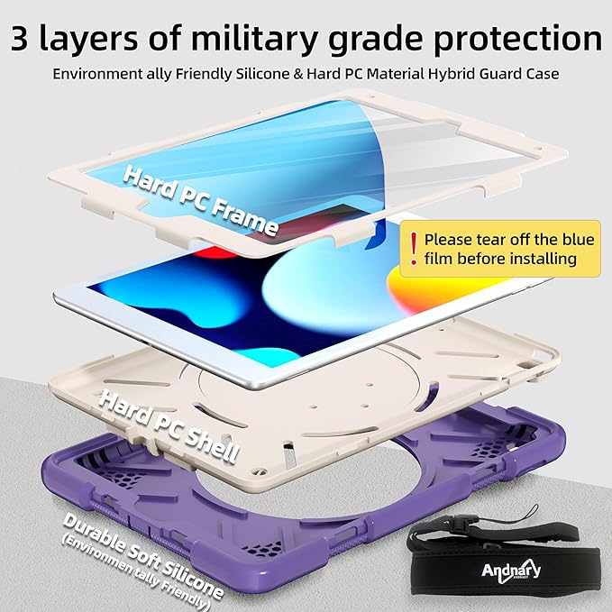 Case for iPad 9th/8th/7th Generation 10.2 inch Shockproof Cover with Screen Protector/360° Rotate Stand/Pencil Holder/Shoulder Strap Kids Case for iPad 2021/2020/2019 (Deep Purple+White)
