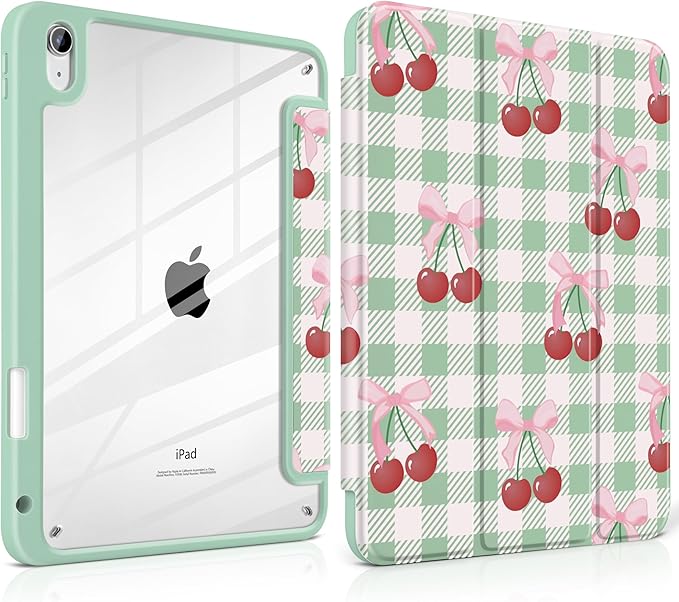 DONGKE Case for iPad (A16) 11th Generation 11 inch 2025 &amp iPad 10th Gen 10.9 inch 2022 [Built-in Pencil Holder] Clear Acrylic Back Trifold Stand Smart Cover Auto Sleep/Wake Green Cherry