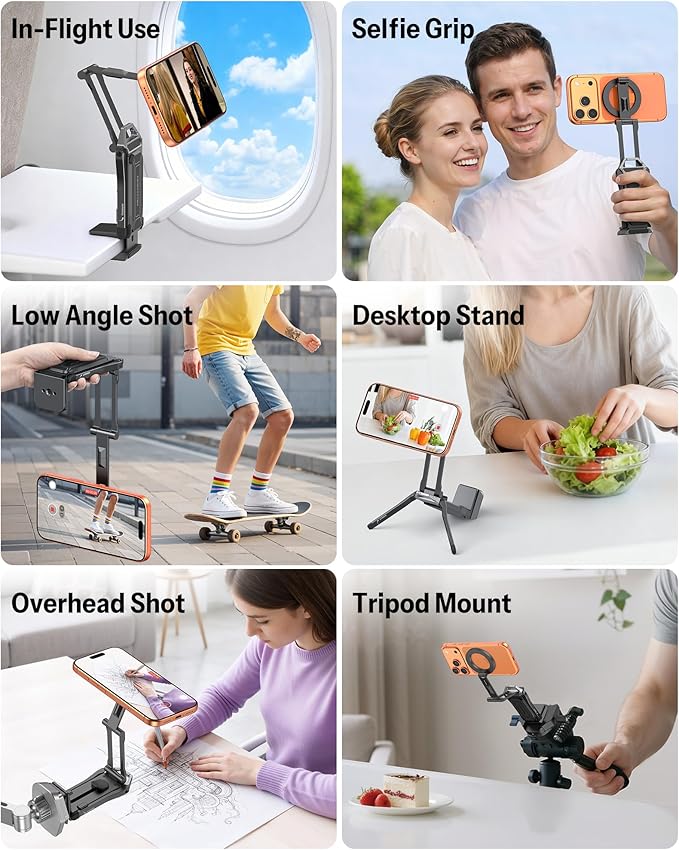 OMOTON TP02-Pro Magnetic Phone Holder for Vlogging Content Creator Essentials with 1/4 Screw Arca Strong Back Magnet for Gym Adjustable Phone Stand &amp Selfie Stick for iPhone 12-17 Series Bla