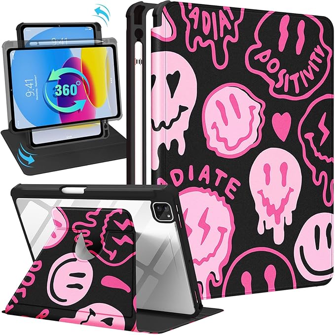 for iPad Air 11 inch Case Air 5th/4th Generation 10.9 Pro 11'' Case Women Girls for Apple Pencil Holder Cute Smile Rotating Folio Cover for iPad Air 11 2024 (M2) 10.9 2022 2020 Pro 11