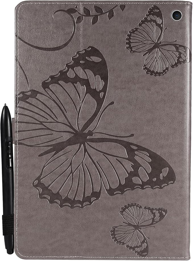 for Kindle Fire HD 10 &amp HD 10 Plus Case 13th/11th Generation 10.1 (2023/2021) Stand Embossed PU Leather Magnetic Wallet Cover with Pencil Holder/Pockets [Auto Wake/Sleep] Gray Butterfly