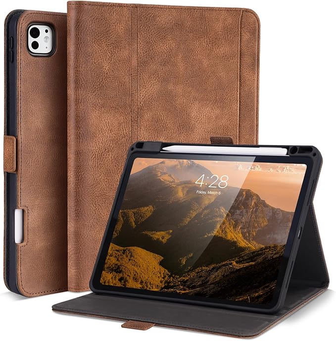 Handmade Case for iPad Pro 11 Inch (M5/M4) 2025/2024 with Pencil Holder PocketMagnetic ClosureAuto Sleep/WakeVegan Leather Folio Protective CoverMulti Angles StandDark Brown
