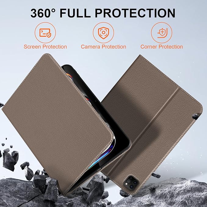 Premium Microfiber Leather Case for iPad Pro 11 Inch (M4/M5) 2024/2025Auto Wake/Sleep Multiple Viewing Angles Shockproof Protective Stand CaseGray Brown