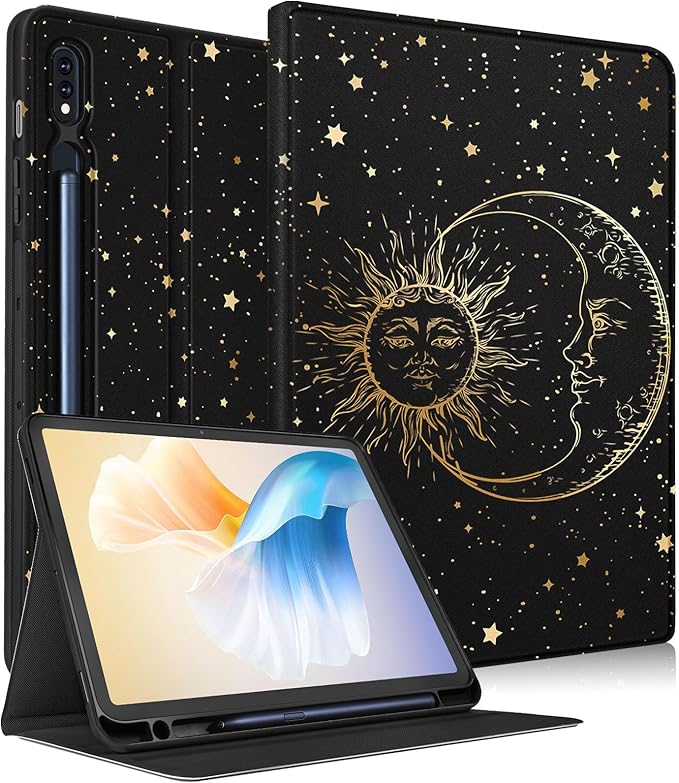 for Samsung Galaxy Tab S9 Plus Case 12.4 Inch 2023 for Women Girls Cute Folio Cover with Pencil Holder Aesthetic Design Girly Kawaii Sun Moon Stars Tablet Case
