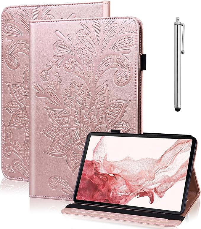 Case for Lenovo Idea Tab 11 2025/ Tab M11 11 2024 Case (TB336FU/TB330FU) Embossed Lace PU Leather Flip Folio Stand Cover with Elastic Band Card Slots Pen Holder- Rose Gold