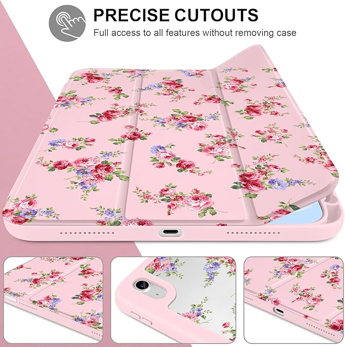 Case for iPad (A16) 11th Generation 11 inch 2025 /iPad 10th Gen 10.9 2022- Cute Patterns Light Pink Cover with Clear Back Shell Auto Wake Sleep Trifold Stand &amp Pencil Holder Elegant Rose