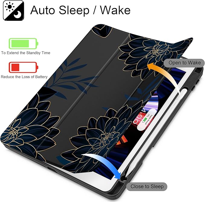 for iPad 9th Generation with Pencil Holder iPad 8th/7th Gen Case 10.2-inch [Built in Pencil Holder] Trifold Stand Auto Wake/Sleep Clear TPU Protection Back Cover Flower Dahlia