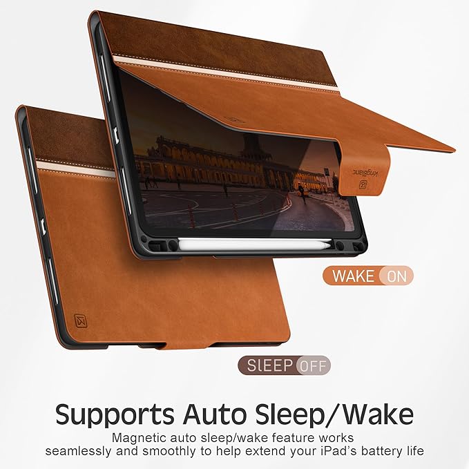KingBlanc Case for iPad Pro 12.9 6th/5th/4th/3rd Generation 2022/2021/2020/2018 with Pencil Holder Vegan Leather Bicolor Cover Auto Sleep/Wake Support Pencil2 Charging Multi-Angle Viewing Brown