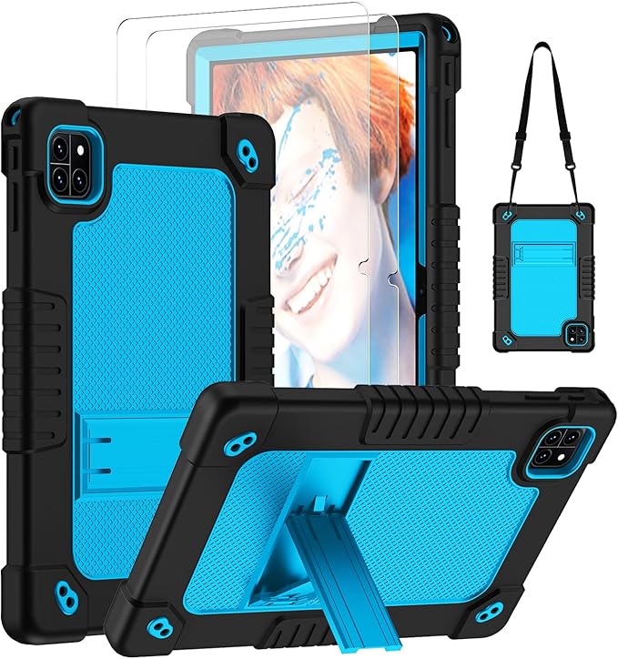 for Callsky-Tab Cpad 10 / Callsky-Tab Ctab 10 10.1 inch Tablet Case Kids Shockproof Cover with Kickstand Shoulder Strap and 2 Pcs Tempered Glass Screen Protector (BlackBlue+2Pcs)