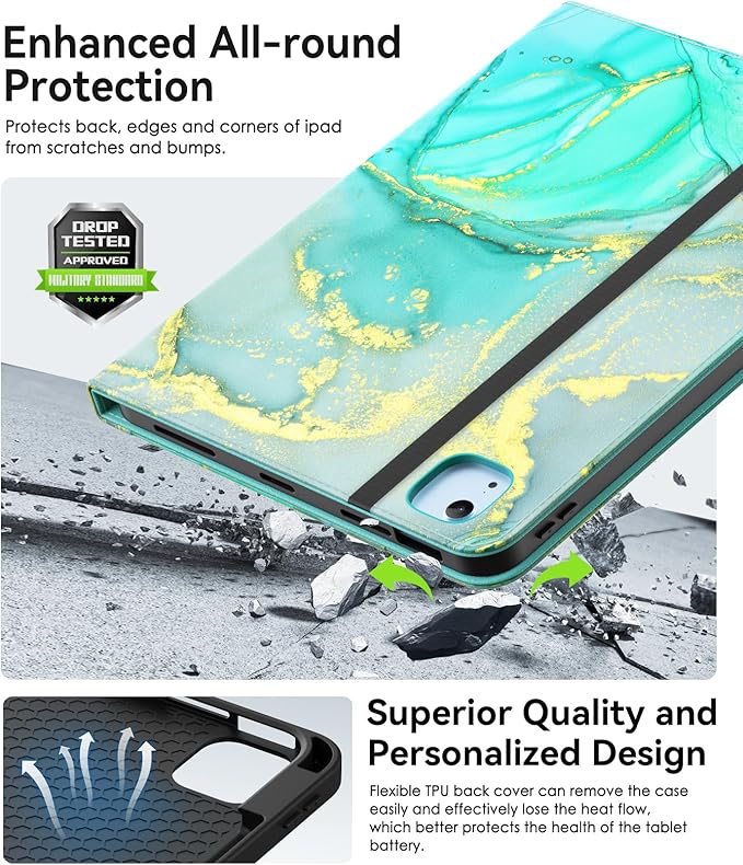 Case for iPad Air 11-inch M3/ M2 (2025/2024) iPad Air 5th/ 4th Generation 10.9'' (2022/2020) iPad Pro 11 (4th/3rd/2nd/1st Gen) Multi-Angle Stand Cover with Pencil Holder Marble Green