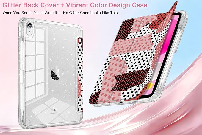 MEEgoodo Case for iPad A16 11th Generation 2025/10th Generation 2022 Glitter Tablet Cases with Transparent Acrylic Back+Trifold Stand +Pencil Holder+Auto Wake/SleepModern Creative Pattern