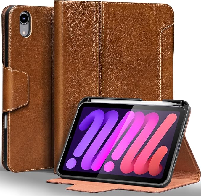 Gexmil Premium Leather Case for iPad mini 7 (A17 Pro) 2024 / iPad mini 6 Generation 2021 8.3 InchPencil Holder Magnetic ClosureShockproof Cowhide CoverAdjustable StandYellow Brown