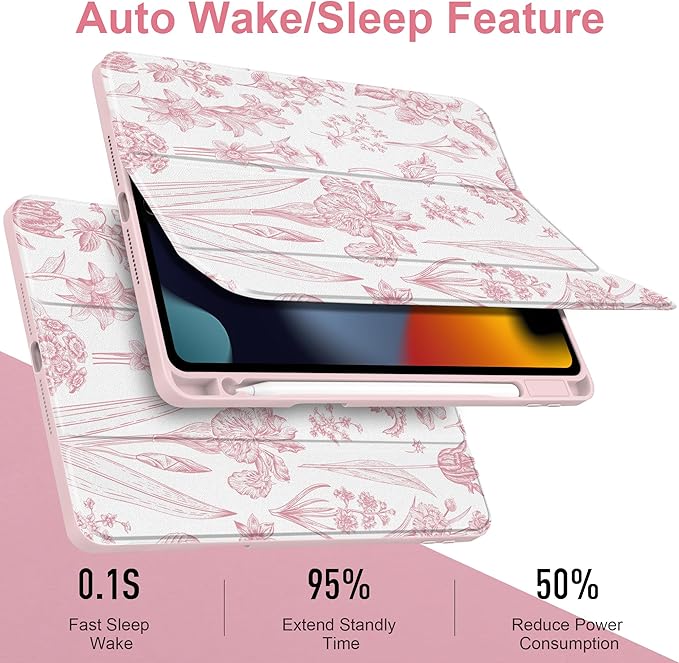 DONGKE for iPad 9th/8th/7th Generation Case 10.2 Inch (2021/2020/2019) [Auto Sleep/Wake &amp Pencil Holder] Clear Acrylic Back Trifold Stand Cover Pink Florals