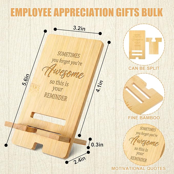 Ripeng 36 Pcs Employee Appreciation Gifts Bulk Bamboo Phone Stand for Desk Office Worker Thank You Gift for Administrative Assistant Team Coworkers Staff Nurse Teacher Week (Awesome Reminder)