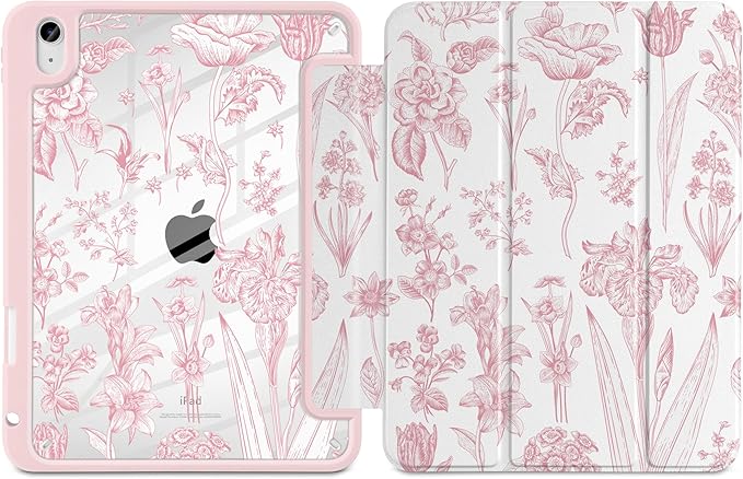 DONGKE Case for iPad (A16) 11th Generation 11 inch 2025 &amp iPad 10th Gen 10.9 inch 2022 [Built-in Pencil Holder] Clear Acrylic Back Trifold Stand Smart Cover Auto Sleep/Wake Pink Florals