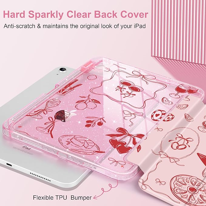 TWOLSKOO Sparkly Case for iPad Pro 11 inch (M5 2025 / M4 2024) Glitter Hard Acrylic Back with Pencil Holder Slim Trifold Stand Folio Cover Auto Sleep/Wake Party Motifs