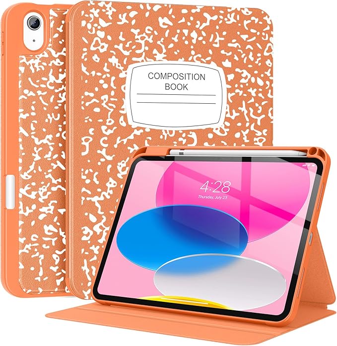 Supveco Case for iPad (A16) 11th Generation 11 inch (2025)iPad 10th Generation 10.9 inch (2022) with Pencil Holder-[Auto Wake/Sleep]Premium Folio Stand Case with Soft TPU Back Cover-Orange Book