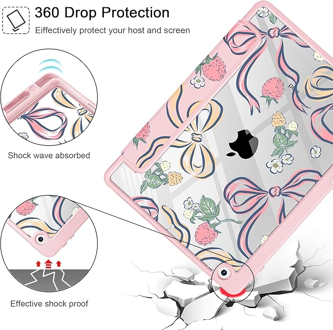 Case for iPad 9th/ 8th/ 7th Generation 10.2-Inch Case(2021/2020/2019 Release) [Built in Pencil Holder] Trifold Stand Auto Wake/Sleep Clear TPU Protection Back Cover Raspberry Bows