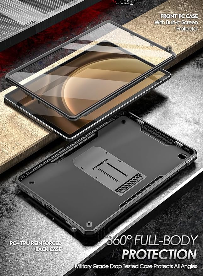 Poetic Revolution Case for Samsung Galaxy Tab A9 Plus + 11 inch (2023) Built in-Screen Protector with S Pen Holder Full-Body Kickstand Rugged Heavy Duty Case Black