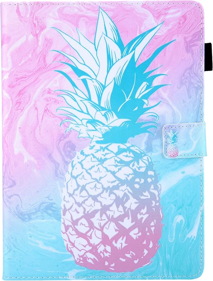 Case for Amazon Kindle Fire HD 10 Tablet 9th/7th Generation 2019 and 2017 with Stylus Holder Card Slots [Auto Sleep/Wake] Smart Stand PU Leather TPU Magnetic Folio Cover Pink Pineapple