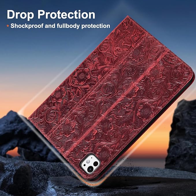 Gexmil Case for iPad Pro 11 Inch4th/3rd/2nd/1st Generation(2022/2021/2020/2018) Genuine Leather Cover Anti FingerprintCowhide Folio Cover Auto Sleep/Wake with Adjustable StandFloral Red