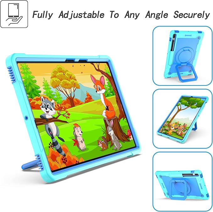 Stand Case for Samsung Galaxy Tab S8 Plus 2022/Tab S7 FE 5G 2021/Tab S7 Plus 2020 12.4 inch 360 Degree Rotating Kickstandwith Hand/Shoulder Strap Rugged Shockproof Cover Aqua Green &amp Blue