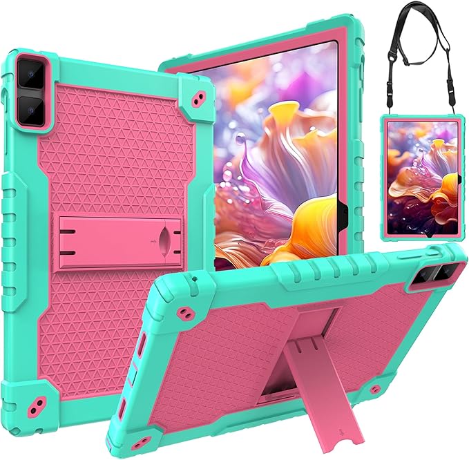 Doemoi case for DOOGEE T10 PlusUMIDIGI A13 10.5TECLAST T40HD T40Air 10.4 Hybrid Shockproof Protective Kids Firendly Case with Hard Shell Built in Kickstand Shoulder Strap (Green/Pink)