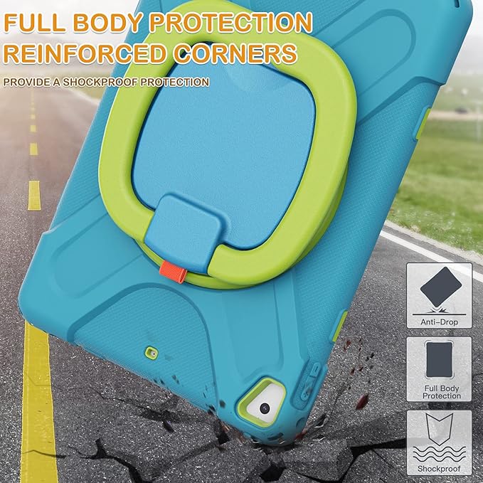 BRAECN Kids Case for iPad 9.7 Inch iPad 6th/5th Generation(2018/2017) 3-Layer Full-Body Rugged Silicone Case w/Rotatable Handle Grip Shoulder Strap Pencil Holder Kickstand for iPad Air 2-Sky Blue