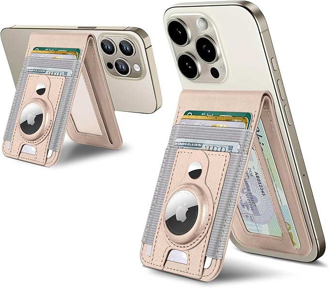 For Magsafe Wallet Stand with Airtag Holder Strongest Magnetic Wallet for iPhone 17/16/15/14/13/12 Series ID Window 10 Cards Holder Vegan Leather RFID Blocking Desert Titanium Gold